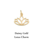 Gold lotus charm on a white background with 'Dainty Gold Lotus Charm' text.