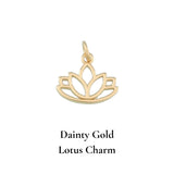 Gold lotus charm on a white background with 'Dainty Gold Lotus Charm' text.