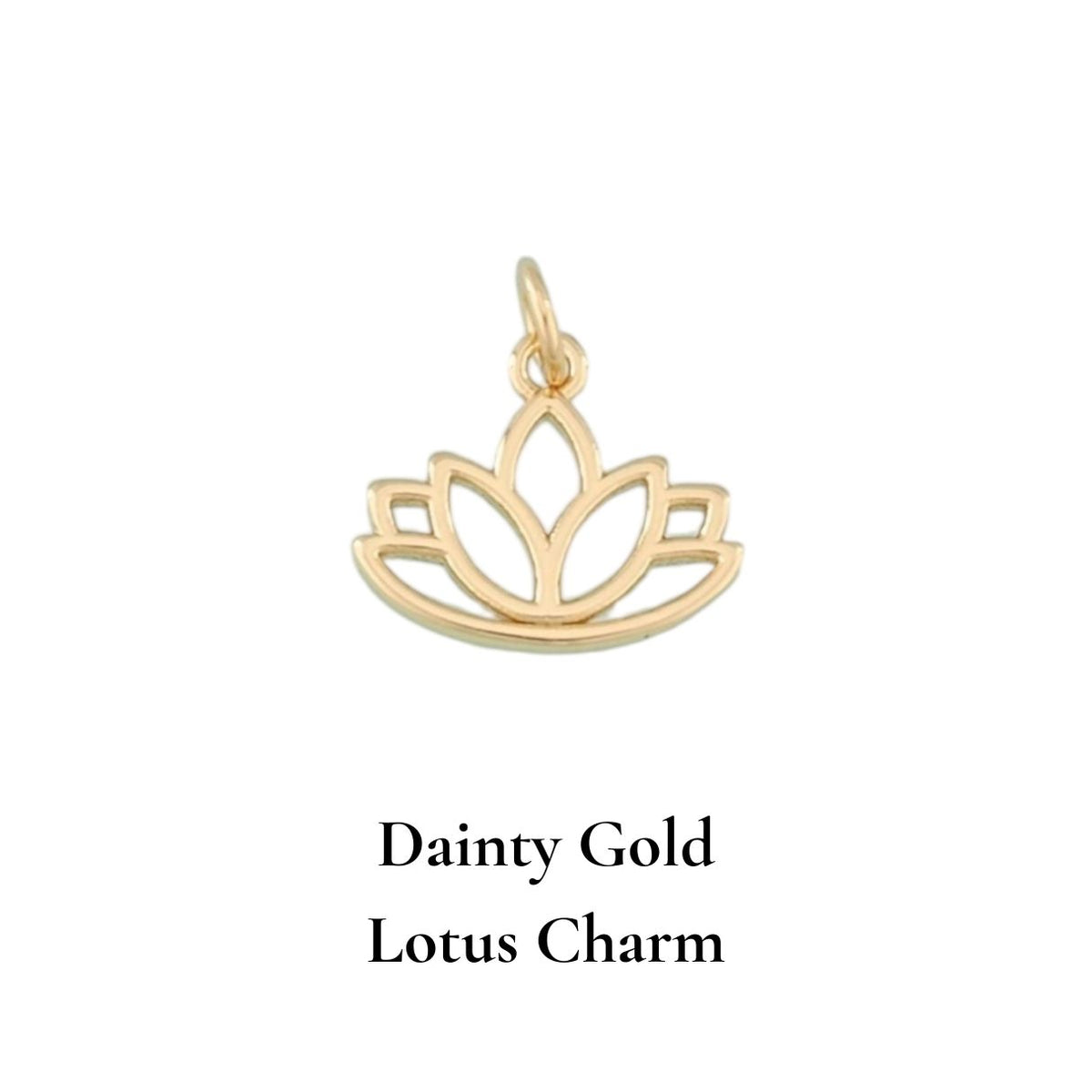 Gold lotus charm on a white background with 'Dainty Gold Lotus Charm' text.