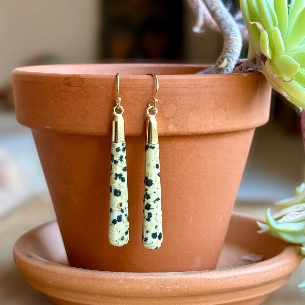Tapping Into Joy Dalmation Jasper Gold Earrings