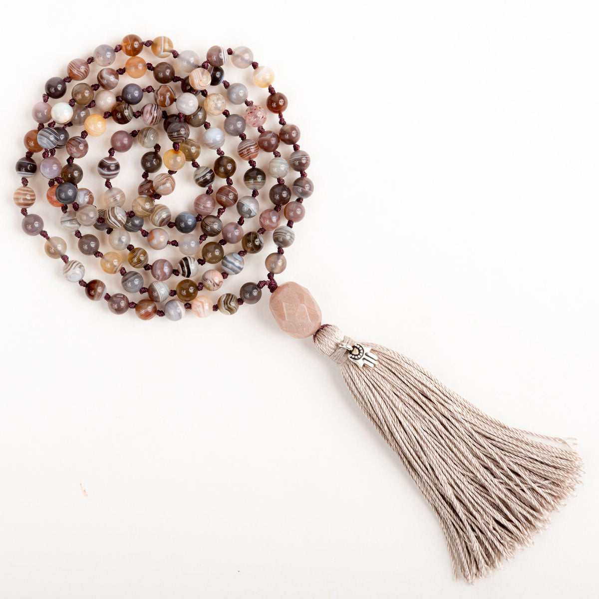 Botswana Agate Japa Mala Gemstone Necklace for Meditation Merakalpa Malas