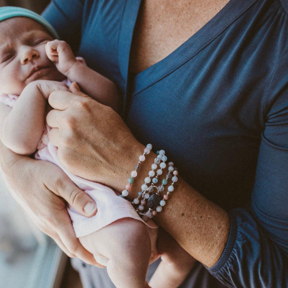 Mama Mala by MeraKalpa Malas with aquamarine moonstone rose quartz labradorite